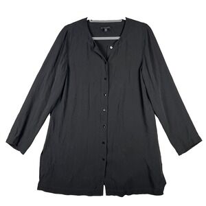 EILEEN FISHER 100% Silk Black Long Tunic Top Women's Med Button Down Side Slits
